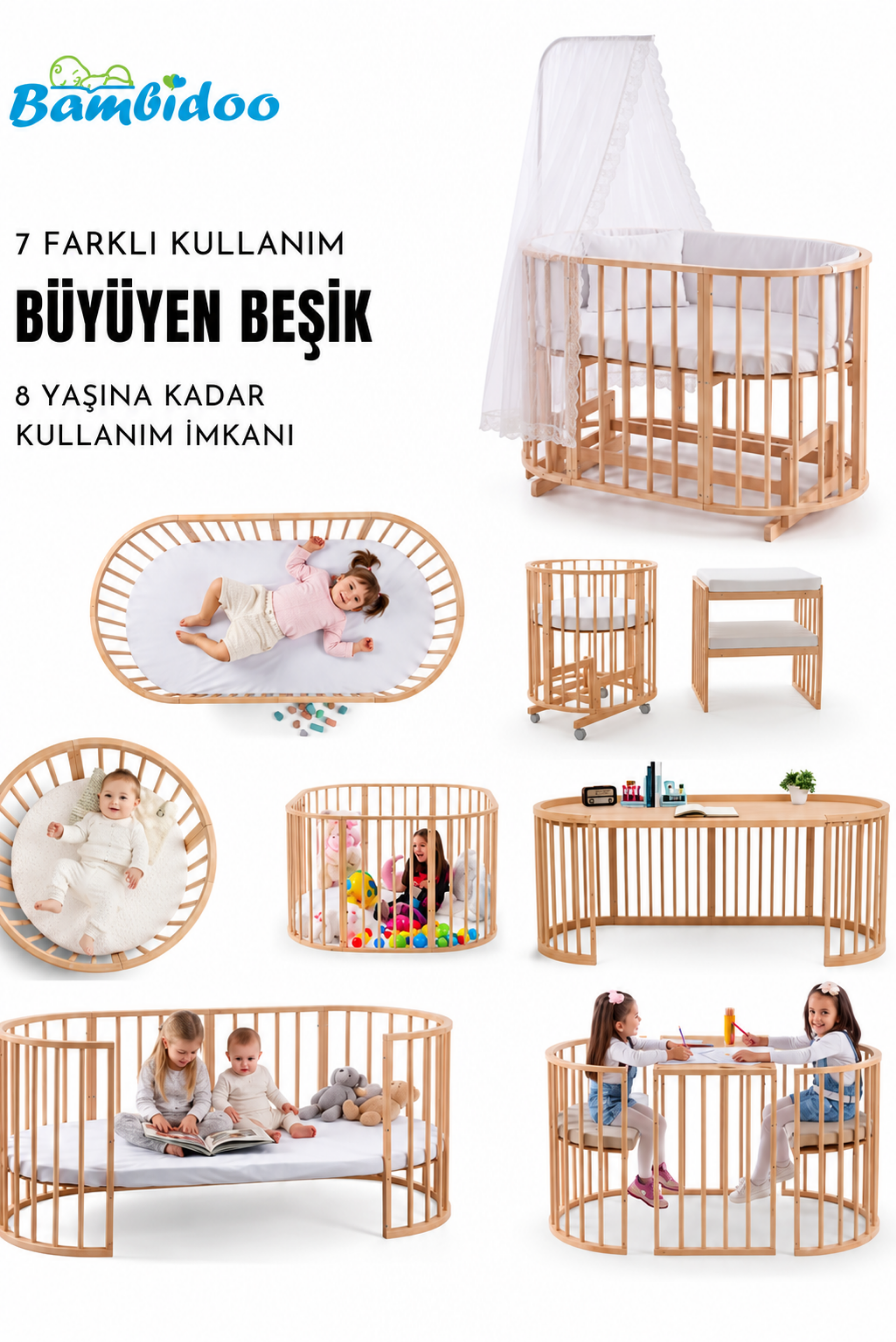 Bamgidoo PLAY  70×120 70x70 7 in 1 Büyüyen Beşik + Uyku Seti