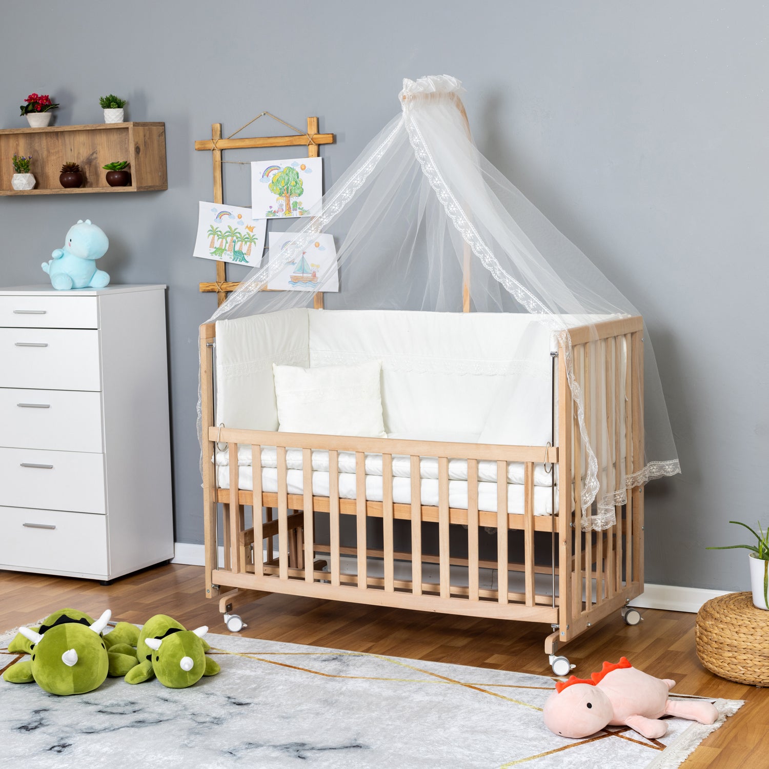 Bamgidoo AKASYA Organik Güpür 60×120 Kayın Ağacı Anne Yanı Beşik + Uyku Seti