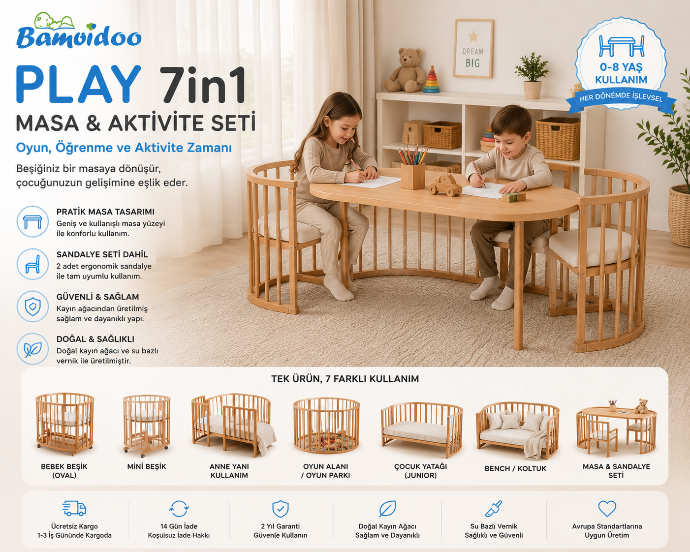 Bamgidoo PLAY Organik Yıldız 60×120 7 in 1 Büyüyen Beşik + Uyku Seti