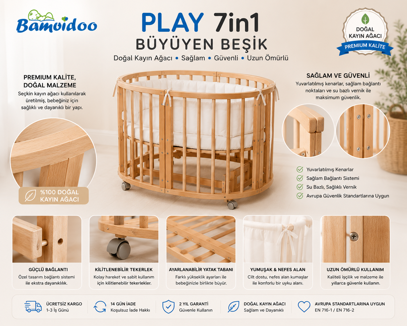 Bamgidoo PLAY Organik Yıldız 60×120 7 in 1 Büyüyen Beşik + Uyku Seti