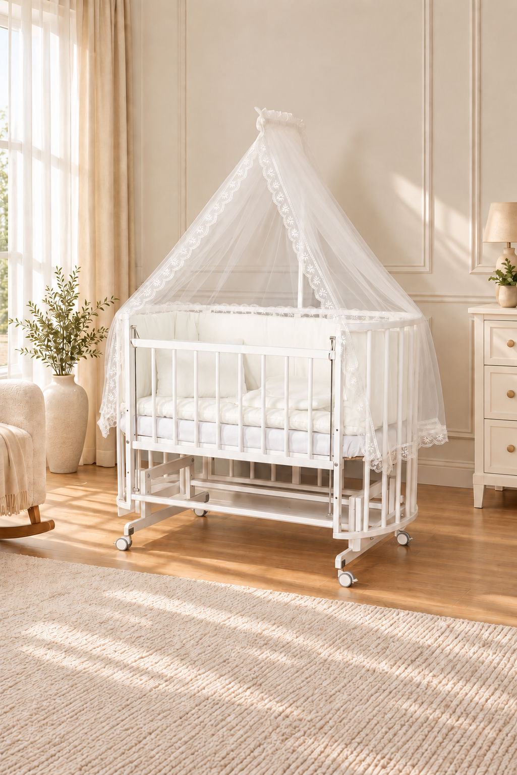 Bamgidoo PAPATYA Beyaz Güpür 60×120 Kayın Ağacı Anne Yanı Beşik + Uyku Seti