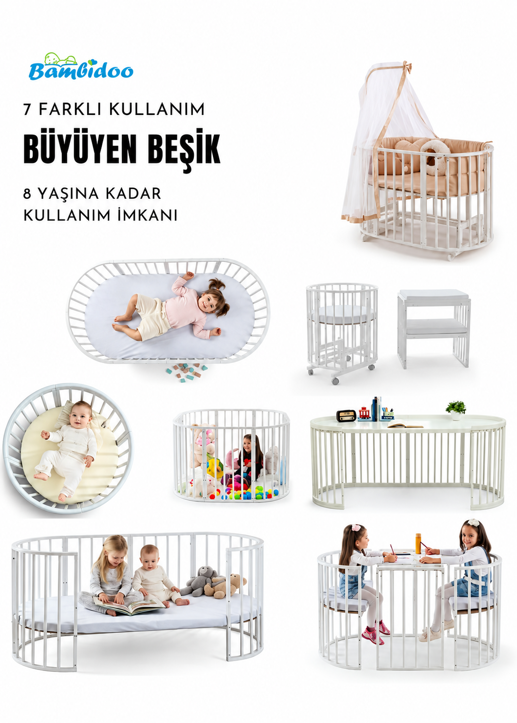 Bamgidoo PLAY BEYAZ 60×120 7 in 1 Büyüyen Beşik + Uyku Seti