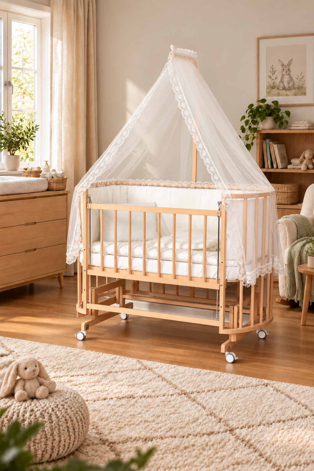 Bamgidoo PAPATYA Organik Güpür 60×120 Kayın Ağacı Anne Yanı Beşik + Uyku Seti