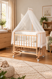 Bamgidoo PAPATYA Organik Güpür 60×120 Kayın Ağacı Anne Yanı Beşik + Uyku Seti