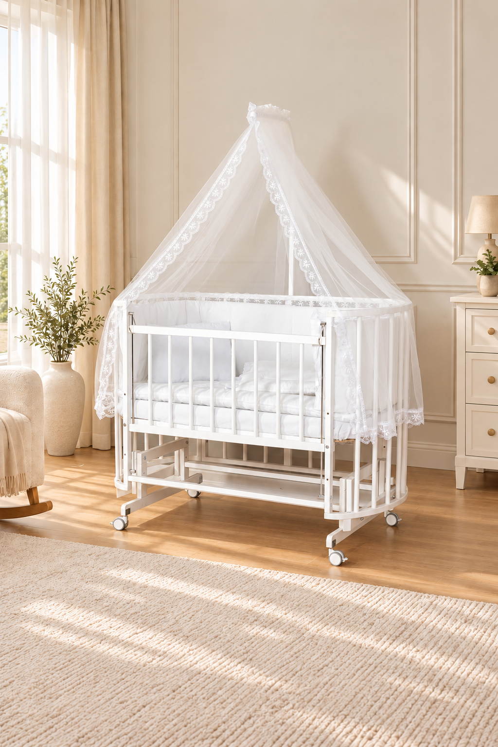 Bamgidoo PAPATYA Beyaz Güpür 60×120 Kayın Ağacı Anne Yanı Beşik + Uyku Seti