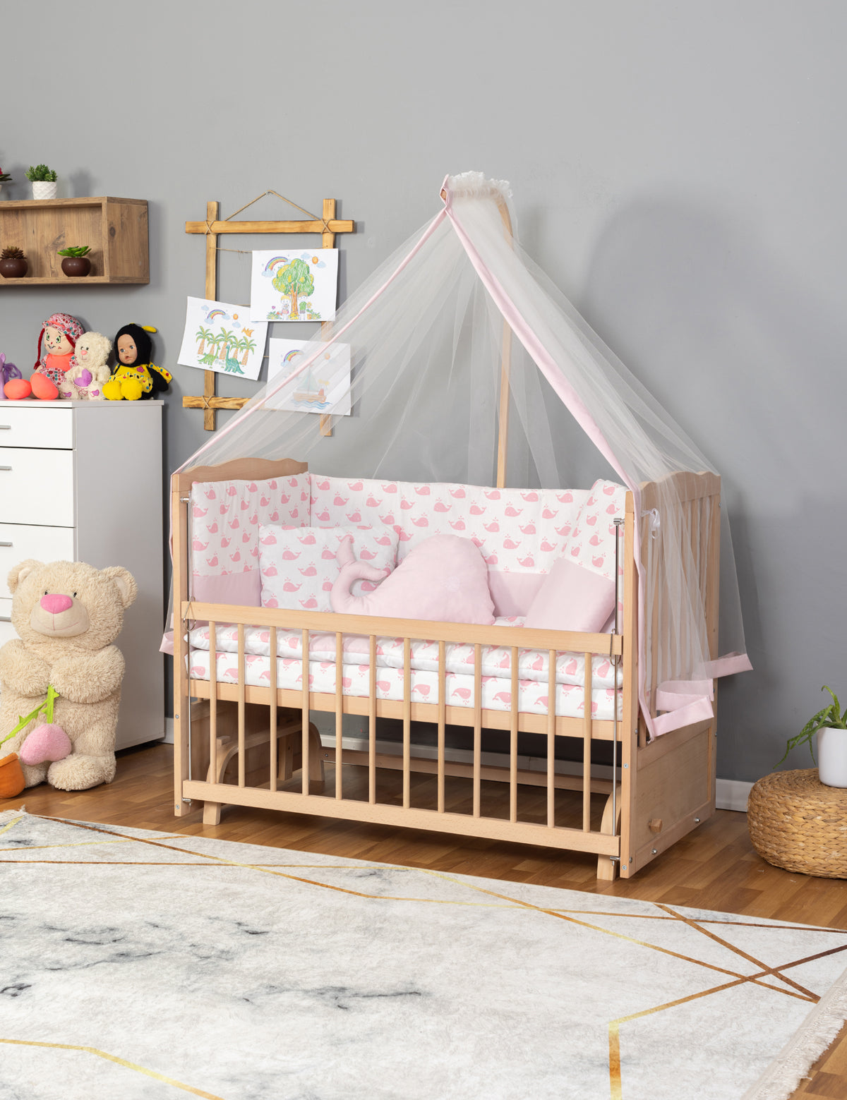 Bamgidoo DEFNE Organik Balina 70×130 Kayın Ağacı Anne Yanı Beşik + Uyku Seti