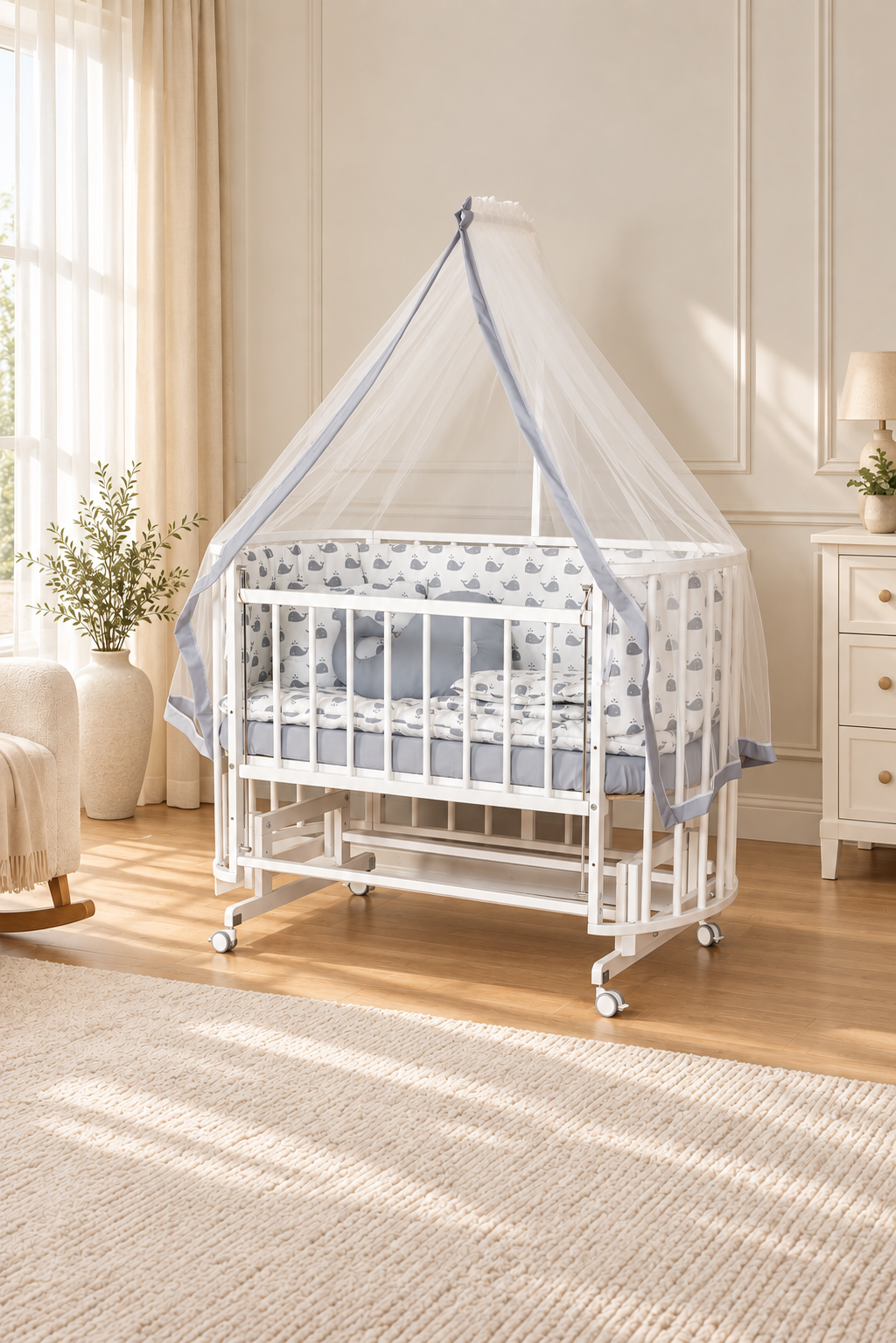 Bamgidoo PAPATYA Beyaz Balina 60×120 Kayın Ağacı Anne Yanı Beşik + Uyku Seti