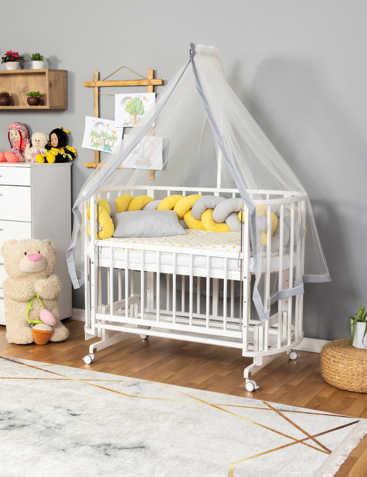 Bamgidoo PAPATYA Beyaz Örgü 60×120 Kayın Ağacı Anne Yanı Beşik + Uyku Seti