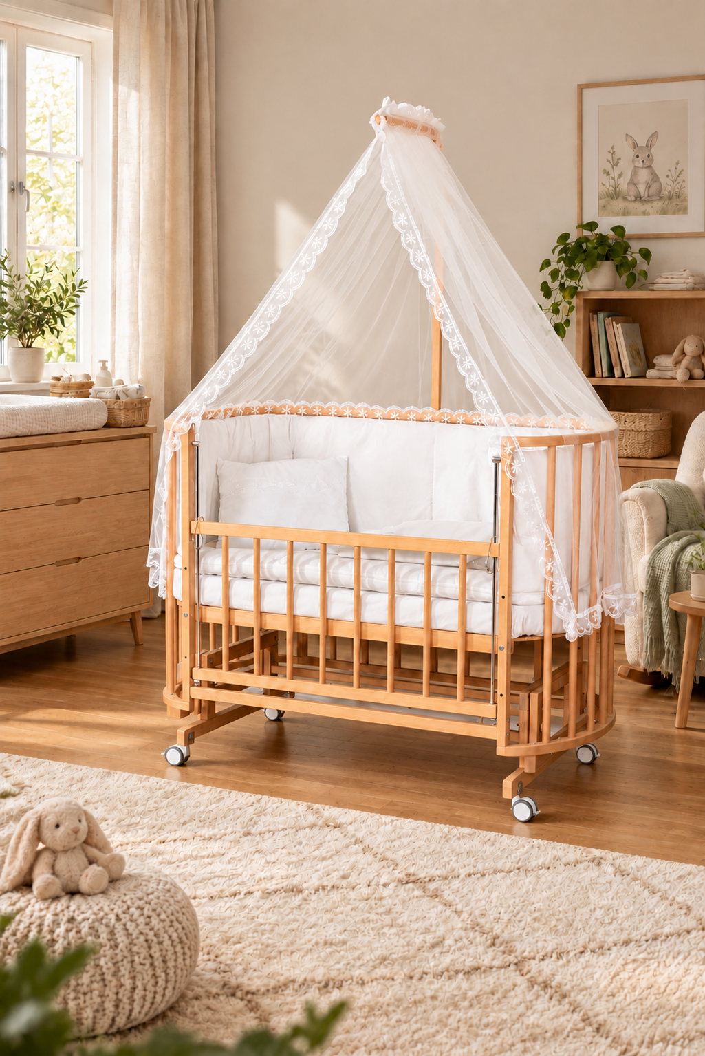 Bamgidoo PAPATYA Organik Güpür 60×120 Kayın Ağacı Anne Yanı Beşik + Uyku Seti