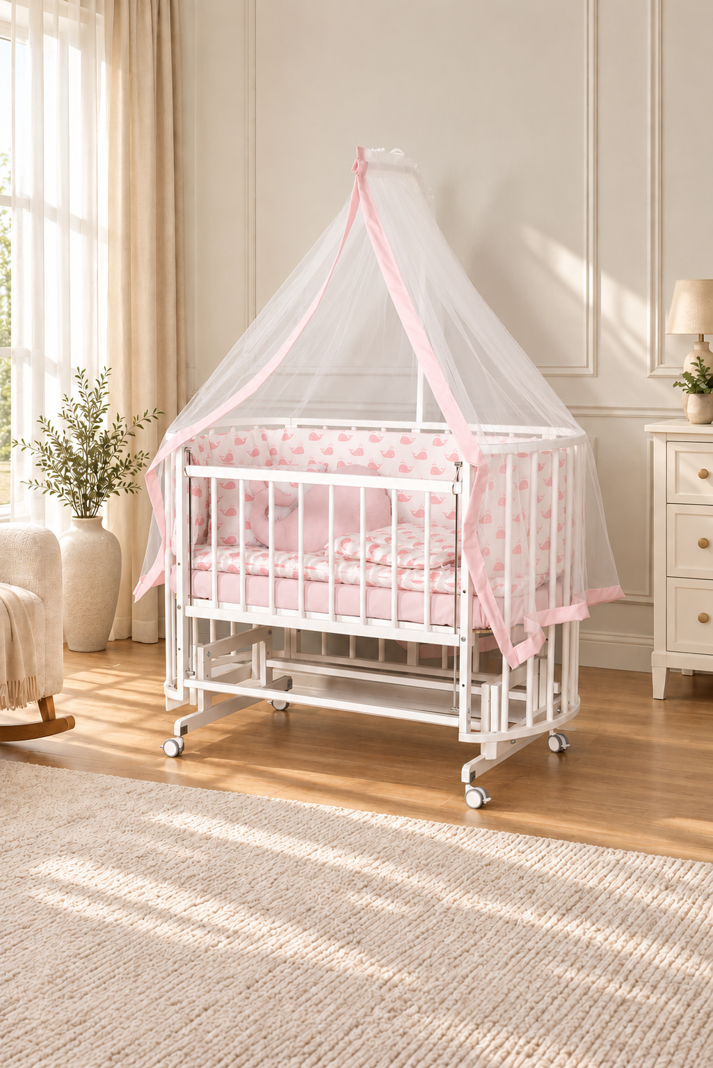 Bamgidoo PAPATYA Beyaz Balina 60×120 Kayın Ağacı Anne Yanı Beşik + Uyku Seti