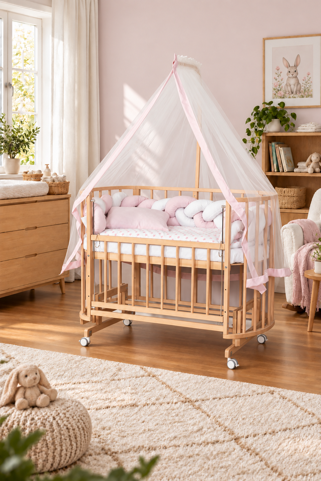 Bamgidoo PAPATYA Organik Örgü 60×120 Kayın Ağacı Anne Yanı Beşik + Uyku Seti