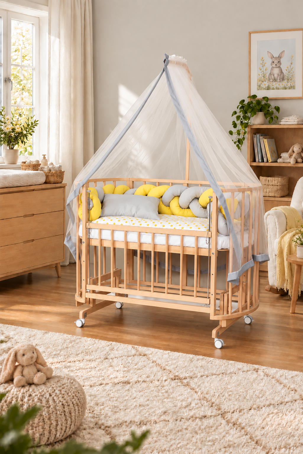 Bamgidoo PAPATYA Organik Örgü 60×120 Kayın Ağacı Anne Yanı Beşik + Uyku Seti