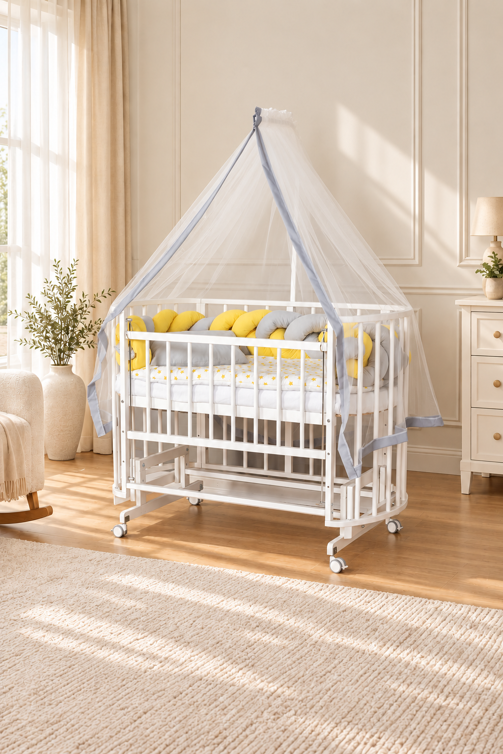 Bamgidoo PAPATYA Beyaz Örgü 60×120 Kayın Ağacı Anne Yanı Beşik + Uyku Seti