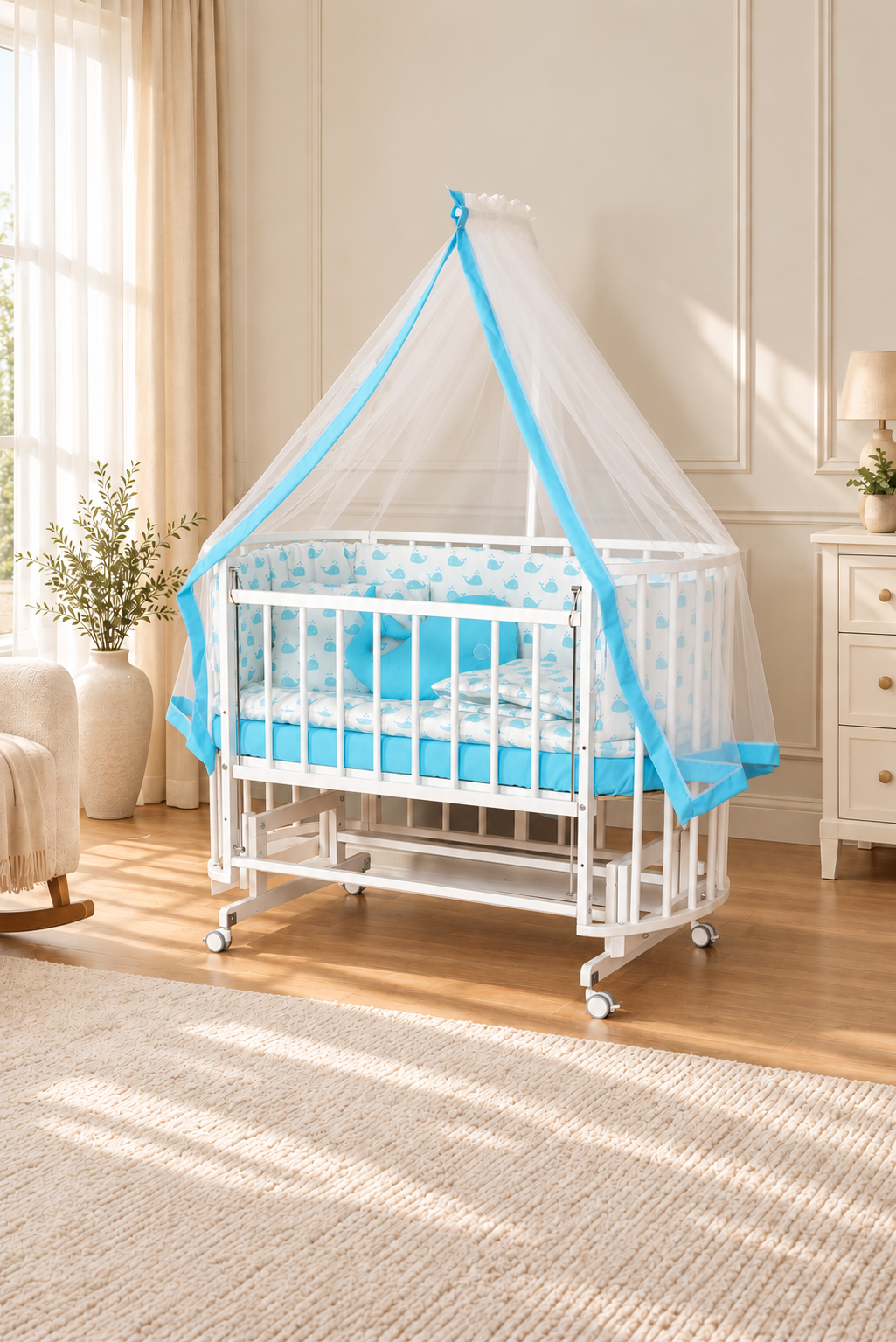 Bamgidoo PAPATYA Beyaz Balina 60×120 Kayın Ağacı Anne Yanı Beşik + Uyku Seti