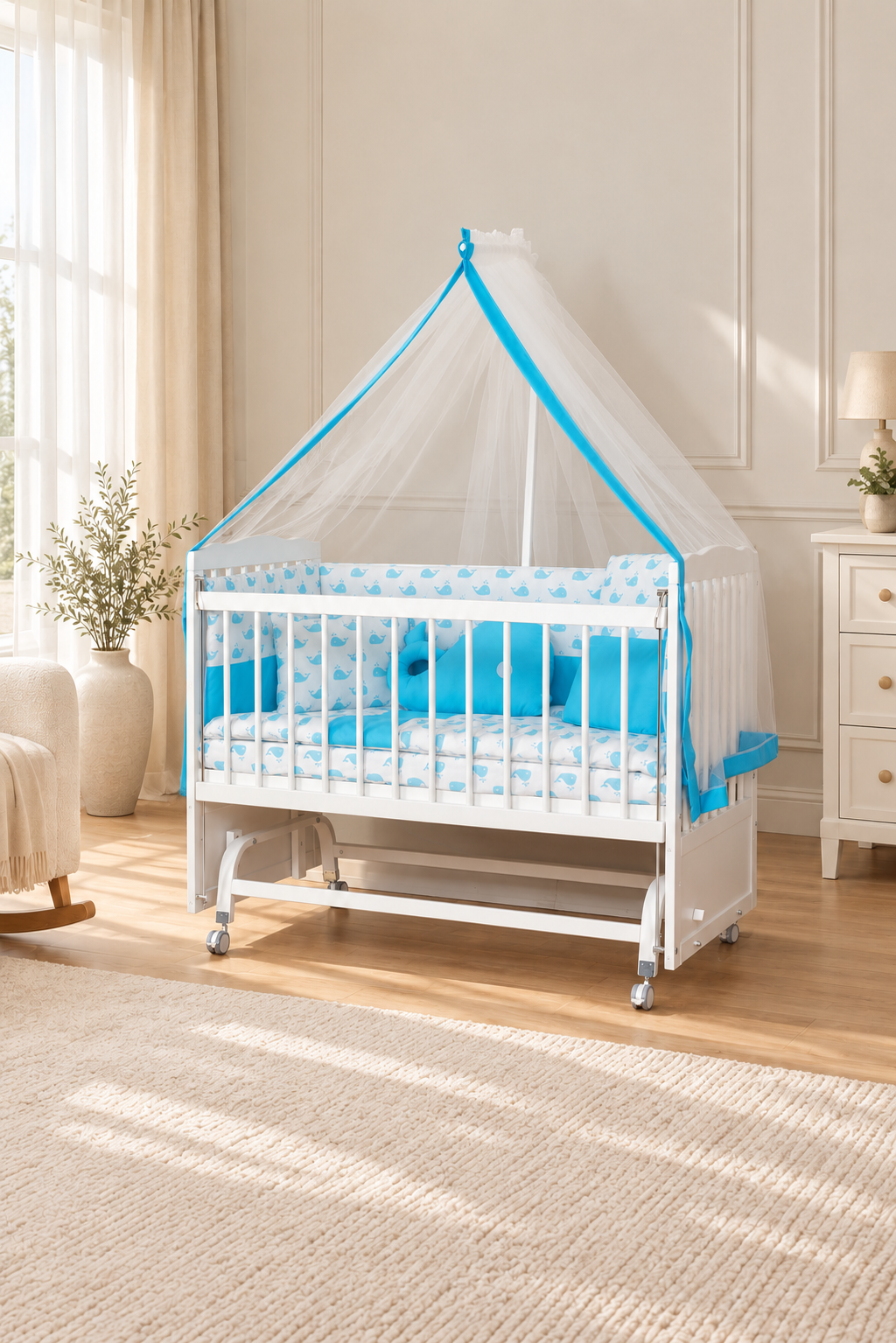 Bamgidoo TUTKU Beyaz Balina 60×120 Kayın Ağacı Anne Yanı Beşik + Uyku Seti