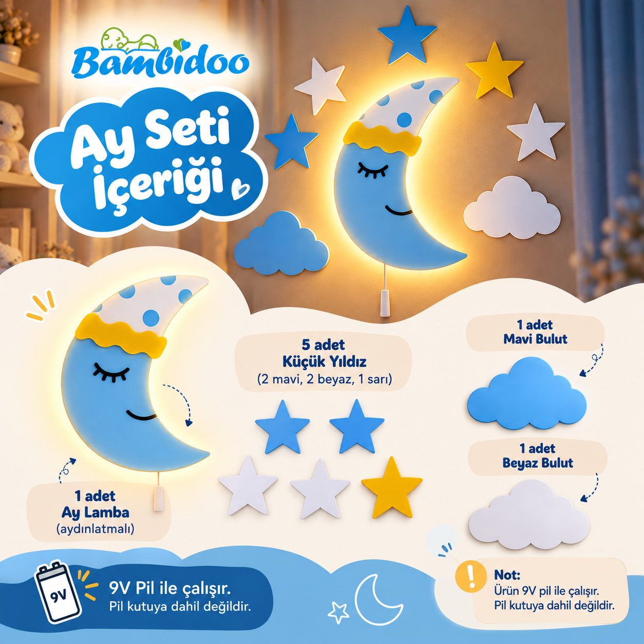 Bamgidoo Mavi Ay Duvar Lambası 8 Parça Set İçeriği