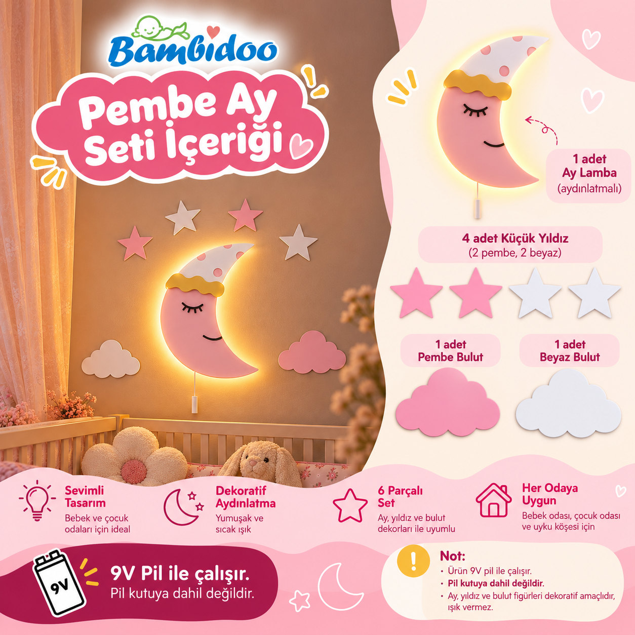 Bamgidoo Pembe Ay duvar lambası yıldız ve bulut set içeriği