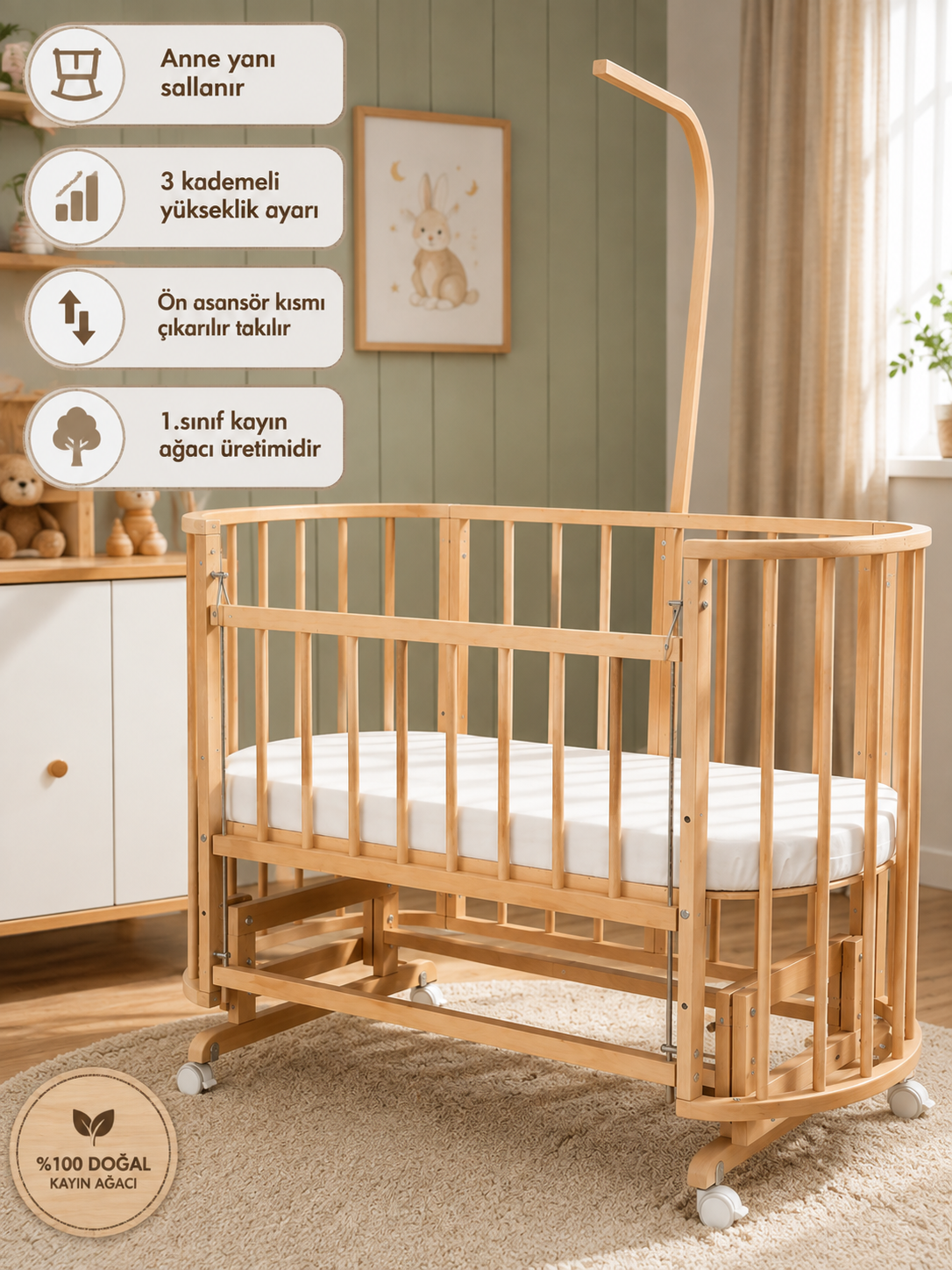 Bamgidoo PAPATYA Organik 60×120 Kayın Ağacı Anne Yanı Beşik + TEK YATAK